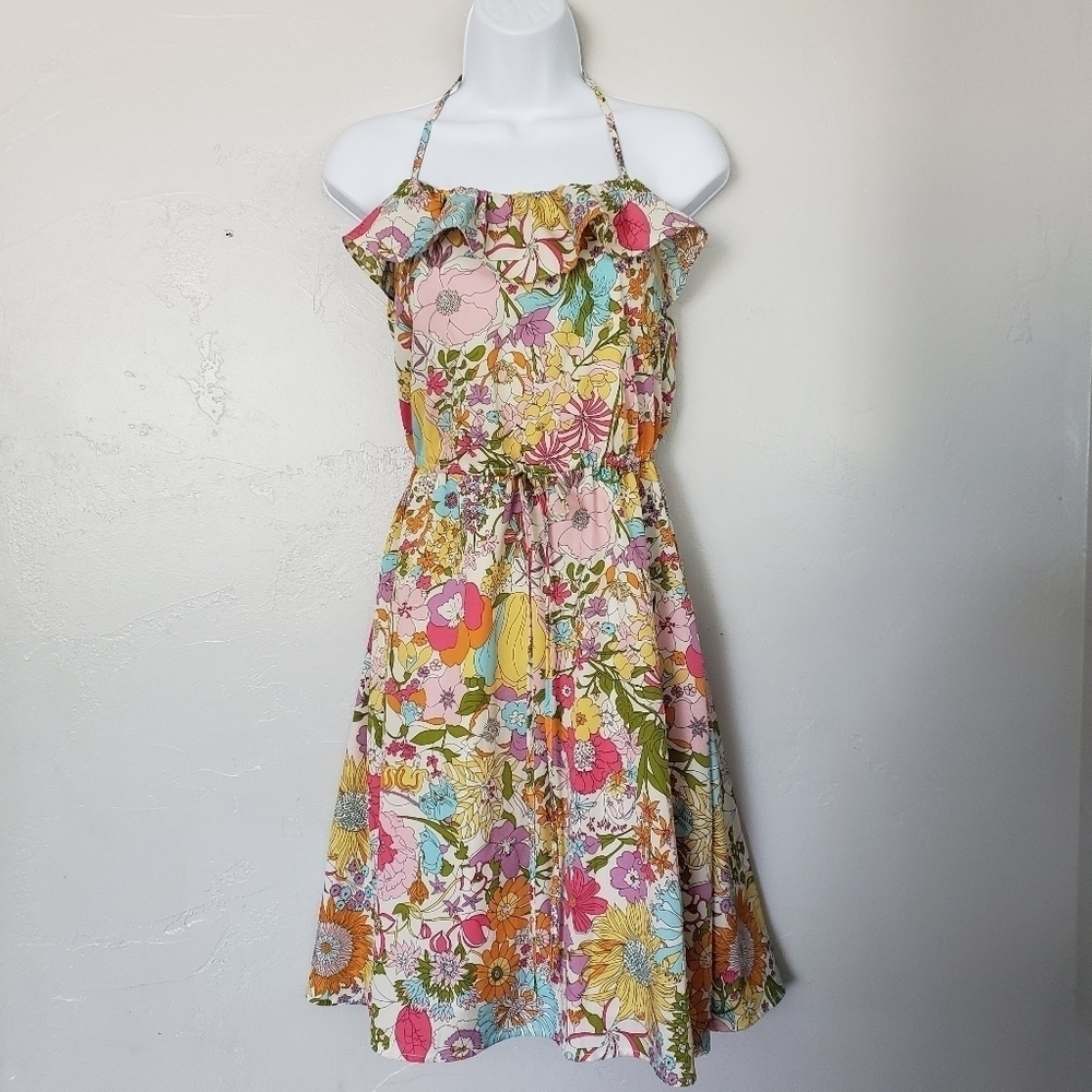 Liberty of London XS Colorful Floral Halter Dress Midi Boho Retro Multicolor